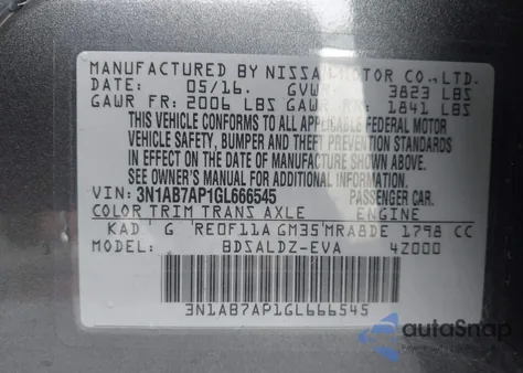 2016 Nissan Sentra Fe+ S/S/Sl/Sr/Sv z USA, uszkodzony, nr VIN 3N1AB7AP1GL666545